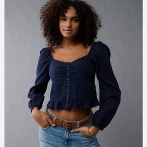 NWT - Size XXL - American Eagle Outfitters Dark Blue Long Sleeved Cinched Blouse